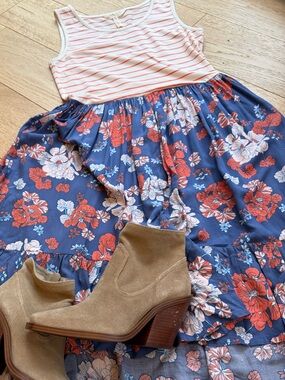 Matilda Jane XS Tank Midi Dress Floral Stripe Blue Orange Pockets EUC Cotton